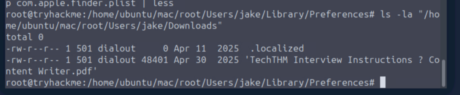 ls -la of Jake's Downloads folder showing the TechTHM Interview Instructions PDF